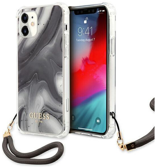 фото Чехол cg mobile guess pc/tpu marble hard + nylon hand cord для iphone 11 серый