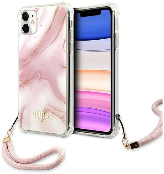 фото Чехол cg mobile guess pc/tpu marble hard + nylon hand cord для iphone 11 розовый