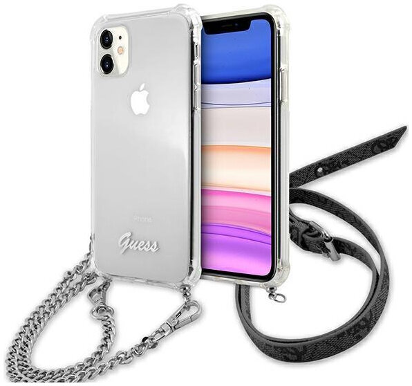 фото Чехол guess script hard + metal silver chain для iphone 11 прозрачный/серебристая цепь cg mobile