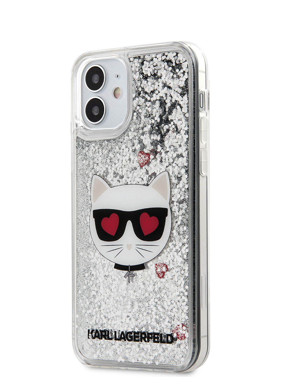 фото Чехол karl lagerfeld liquid glitter choupette's head hard iphone 12 mini серебристый cg mobile