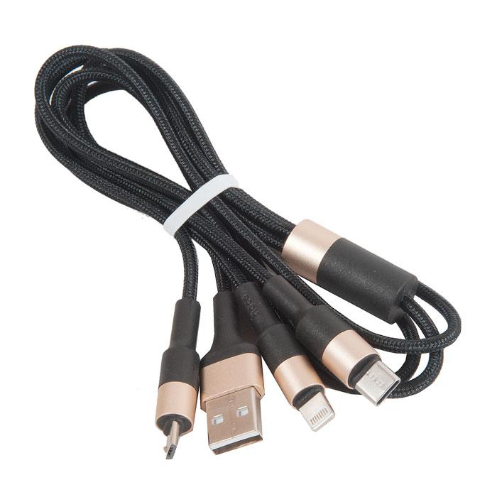 фото Кабель usb hoco x26 xpress 3в1 для lightning/micro usb/type-c 1м, черный с золотым