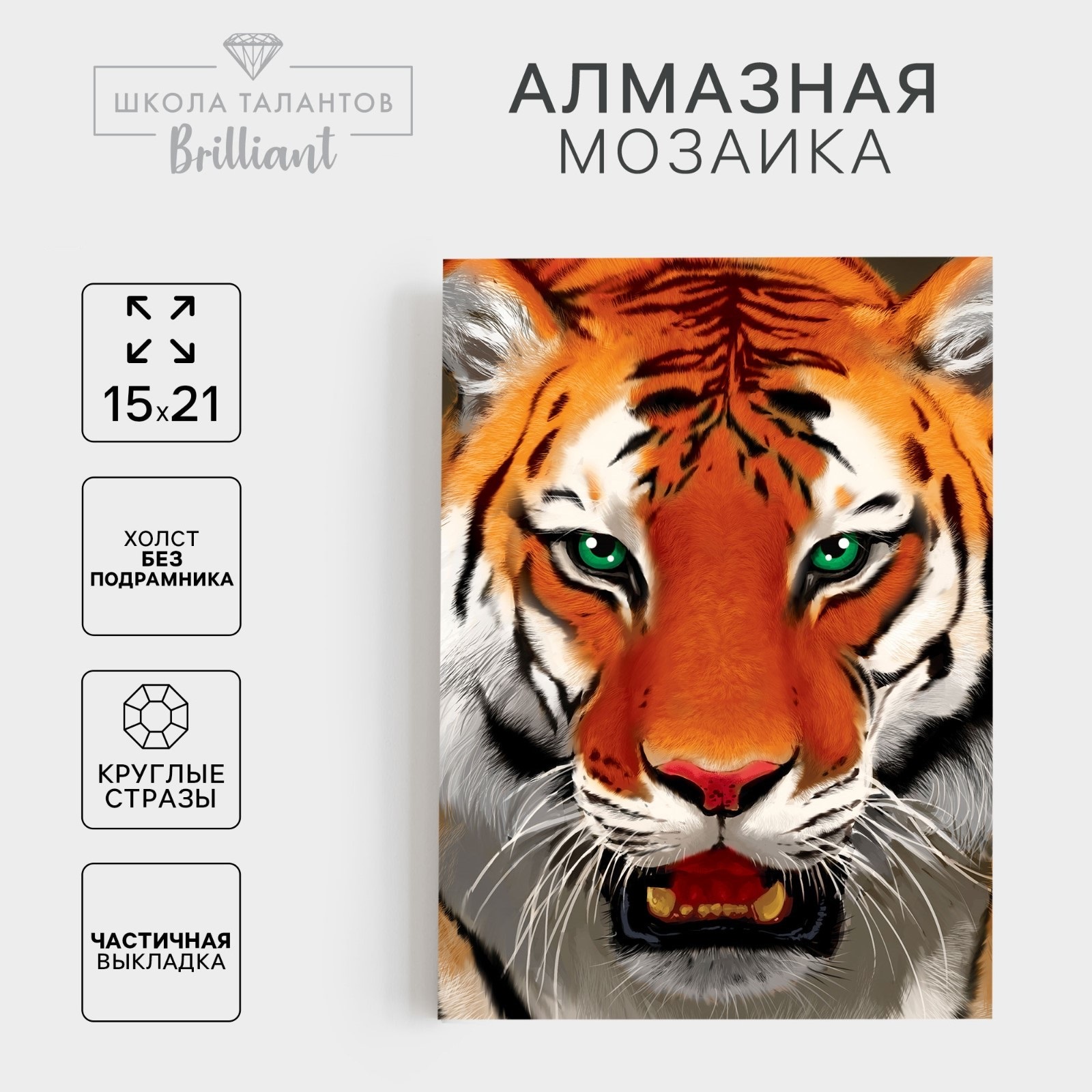 

Алмазная вышивка с полным заполнением «Тигр», 15 х 21 см. Набор для творчества