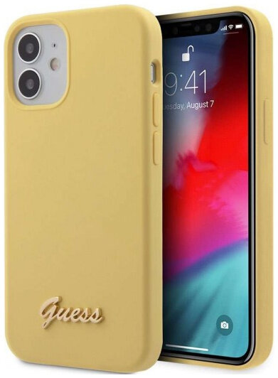 фото Чехол cg mobile guess liquid silicone gold metal logo hard для iphone 12 mini желтый