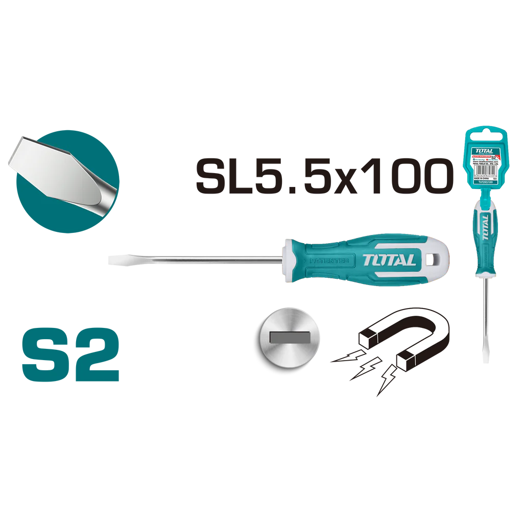 

Отвертка плоская шлицевая Total Tools THT265100, SL5/5, длина 100 мм, материал S2, THT265
