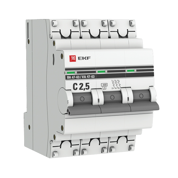 фото Автоматический выключатель ekf proxima 3p 2,5а (c) 4,5ka ва 47-63 mcb4763-3-2.5c-pro