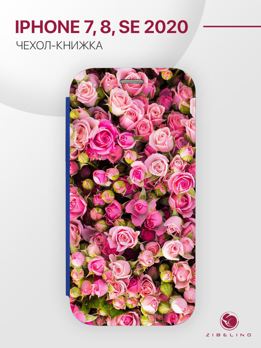 

Чехол для Apple iPhone 7, iPhone 8, iPhone SE 2020 книжка синий с принтом РОЗОВЫЕ РОЗЫ, ZB-APL-7