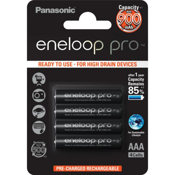 Аккумулятор для фотоаппарата Panasonic Eneloop Pro AAA 900 мА/ч (BK-4HCDE/4BE), 4 шт