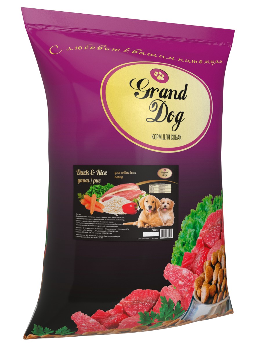 Сухой корм для собак Grand Dog, утка, рис 10 кг