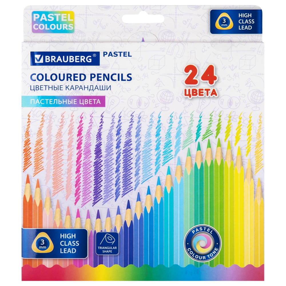 

Карандаши цветные BRAUBERG PASTEL, 24 пастельных цвета, трёхгранные, грифель 3 мм 2 шт, Разноцветные