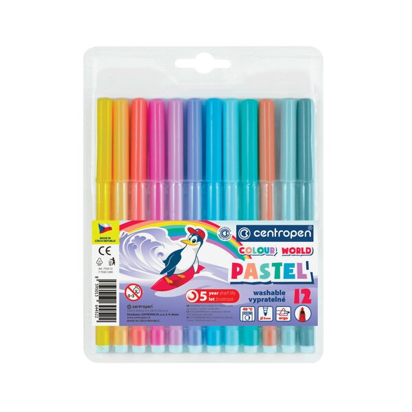 Фломастеры ПАСТЕЛЬНЫЕ 12 цветов CENTROPEN Colour World Pastel, смываемые 3 шт