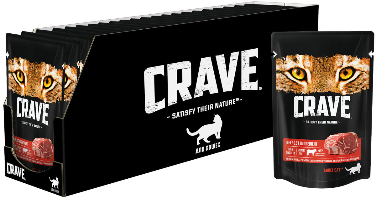 

Влажный корм для кошек Crave Говядина, 30шт по 70г, Adult