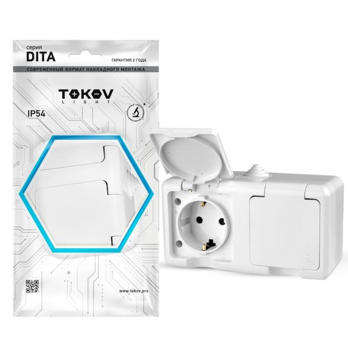 фото Розетка tokov electric, dita, 2-м, 16а, ip54, 250в, с з/к, с кр, белый