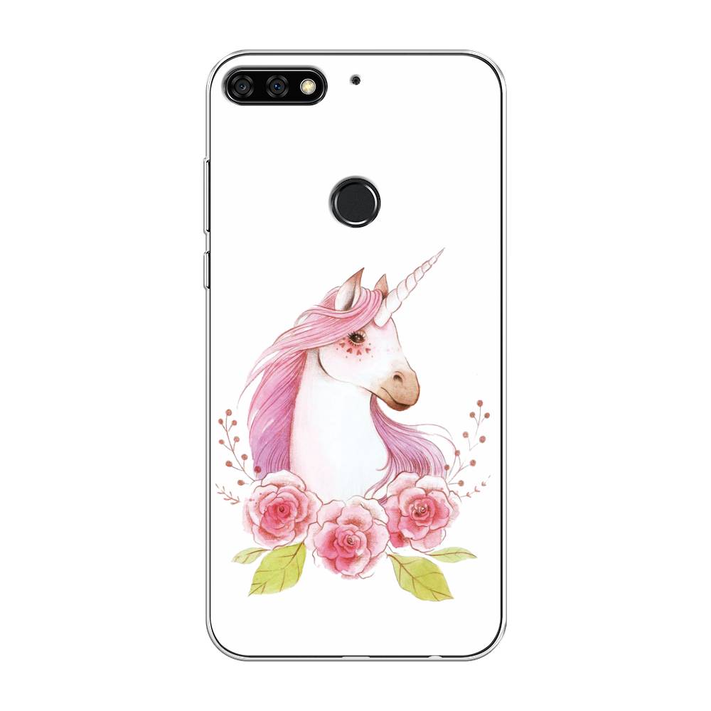 

Чехол на Huawei Y7 Prime 2018/Nova 2 Lite/Honor 7C Pro "Единорог цветы", Белый;розовый;серый, 66450-1