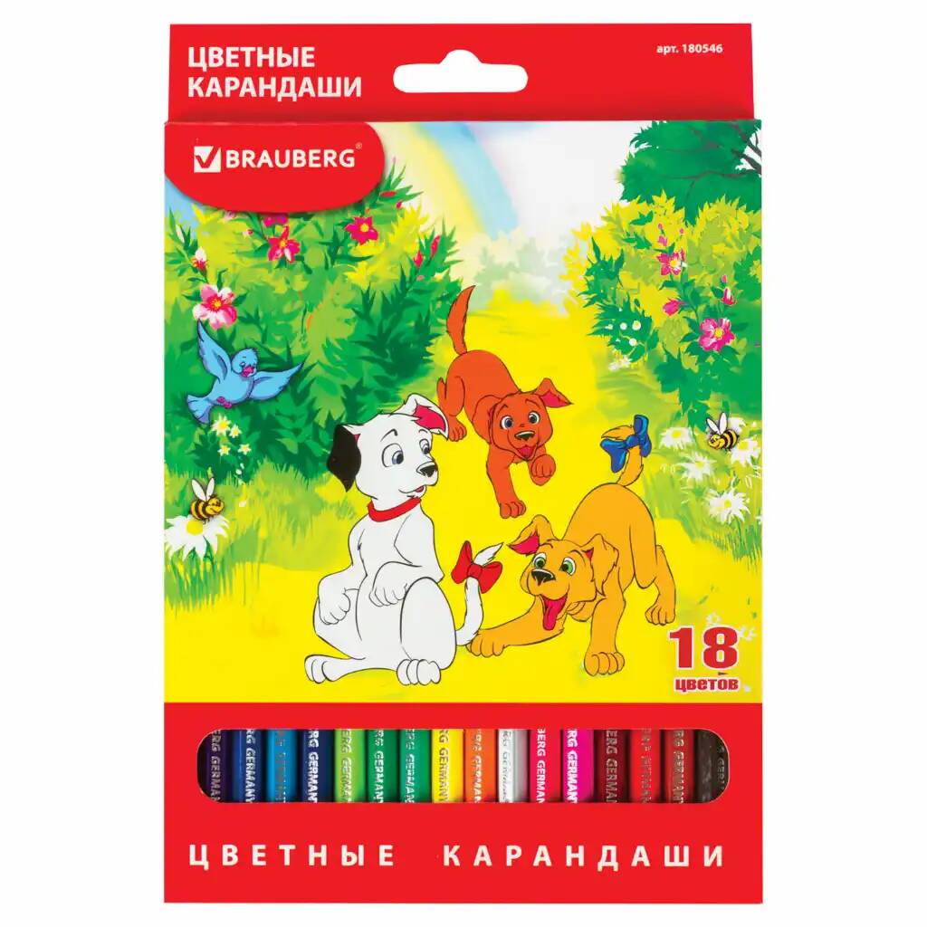 

Карандаши цветные BRAUBERG My lovely dogs, 18 цветов, заточенные 4 уп, Разноцветные