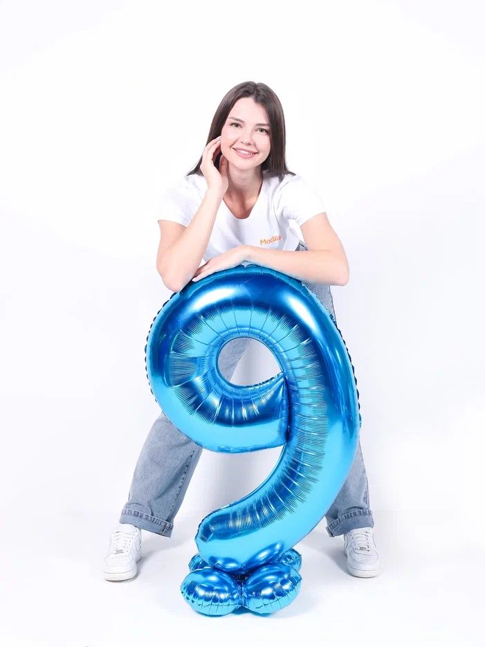 Шар воздушный фольгированный Мосшар шар-цифра 9 на подставке, синий