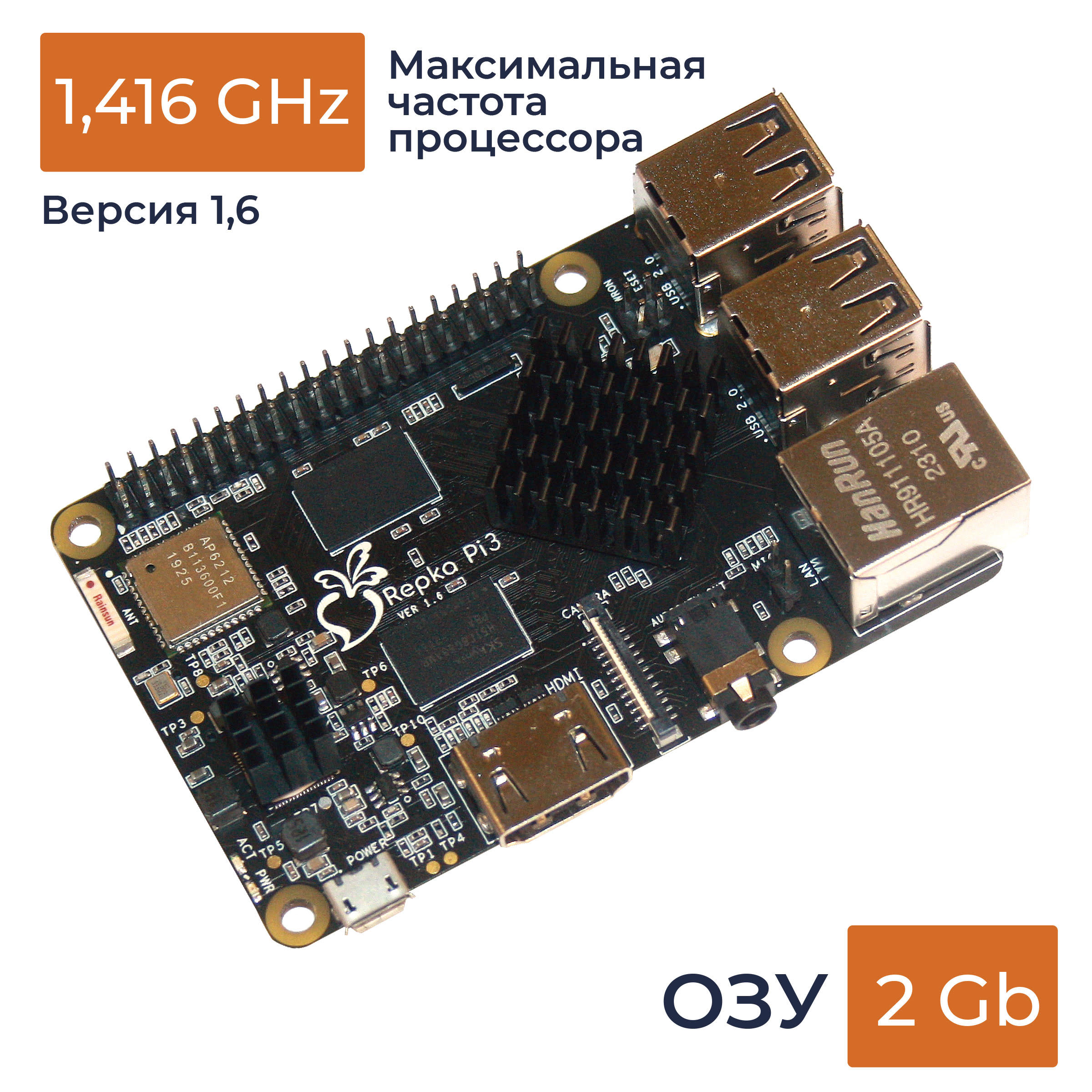 

Микрокомпьютер Repka Pi 3, 1.416 Ghz, 2 Gb ОЗУ, версия платы 1.6 без корпуса, Repka Pi 3