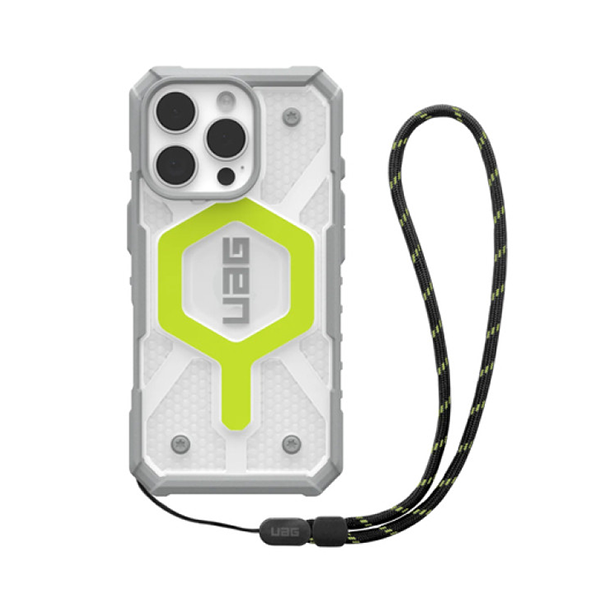 

Чехол + шнурок UAG Pathfinder Clear Magsafe для iPhone 16 Pro неон (Active Neon Lanyard), Белый;зеленый;серый, Pathfinder Clear Magsafe