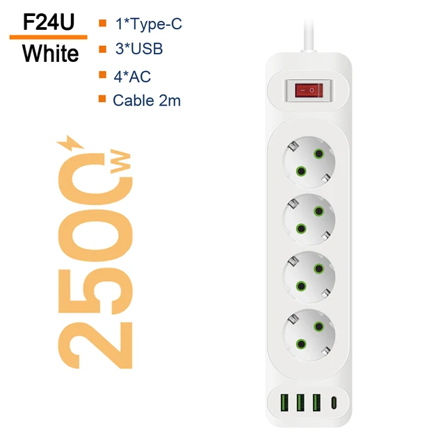 

Удлинитель сетевой фильтр с USB зарядкой, 3 розеток 3 USB +Type-C, f24u