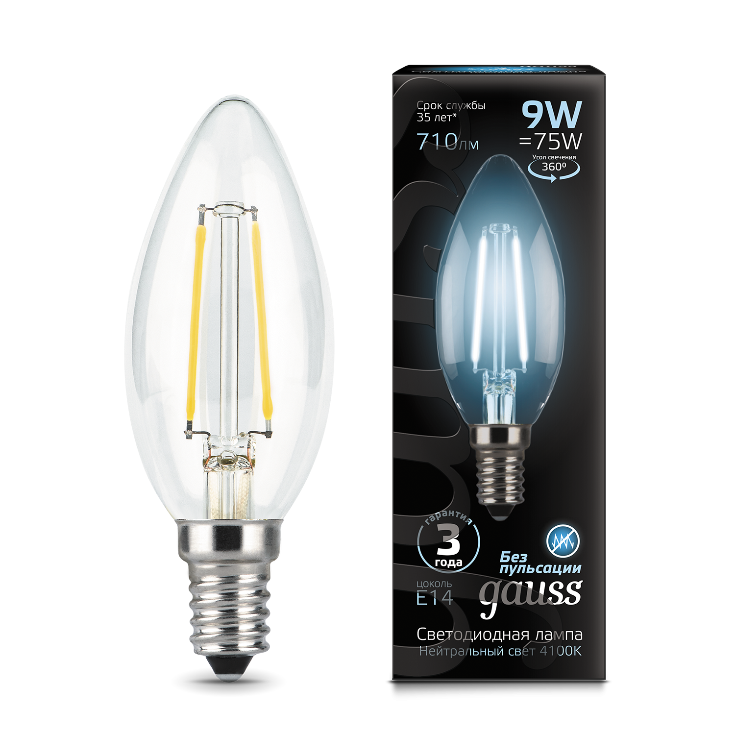 

Лампа светодиодная Gauss Filament 9W-710lm-4100К-Е14, свеча, Filament Свеча E 14