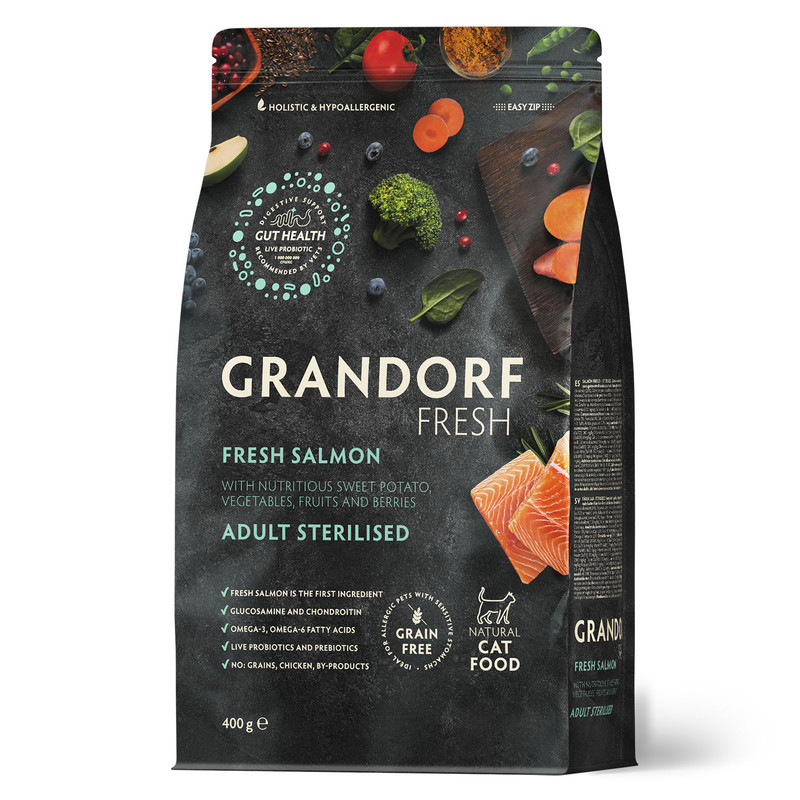 Сухой корм для кошек GRANDORF Fresh, для стерилизованных, лосось, батат, 400 г