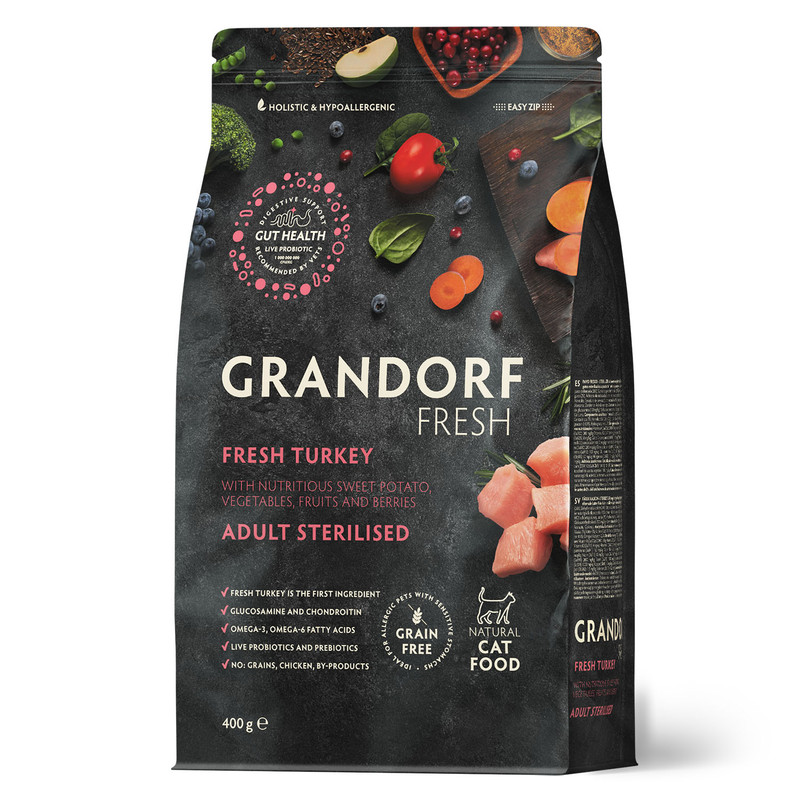 Сухой корм для кошек GRANDORF Fresh, для стерилизованных, индейка, батат, 400 г