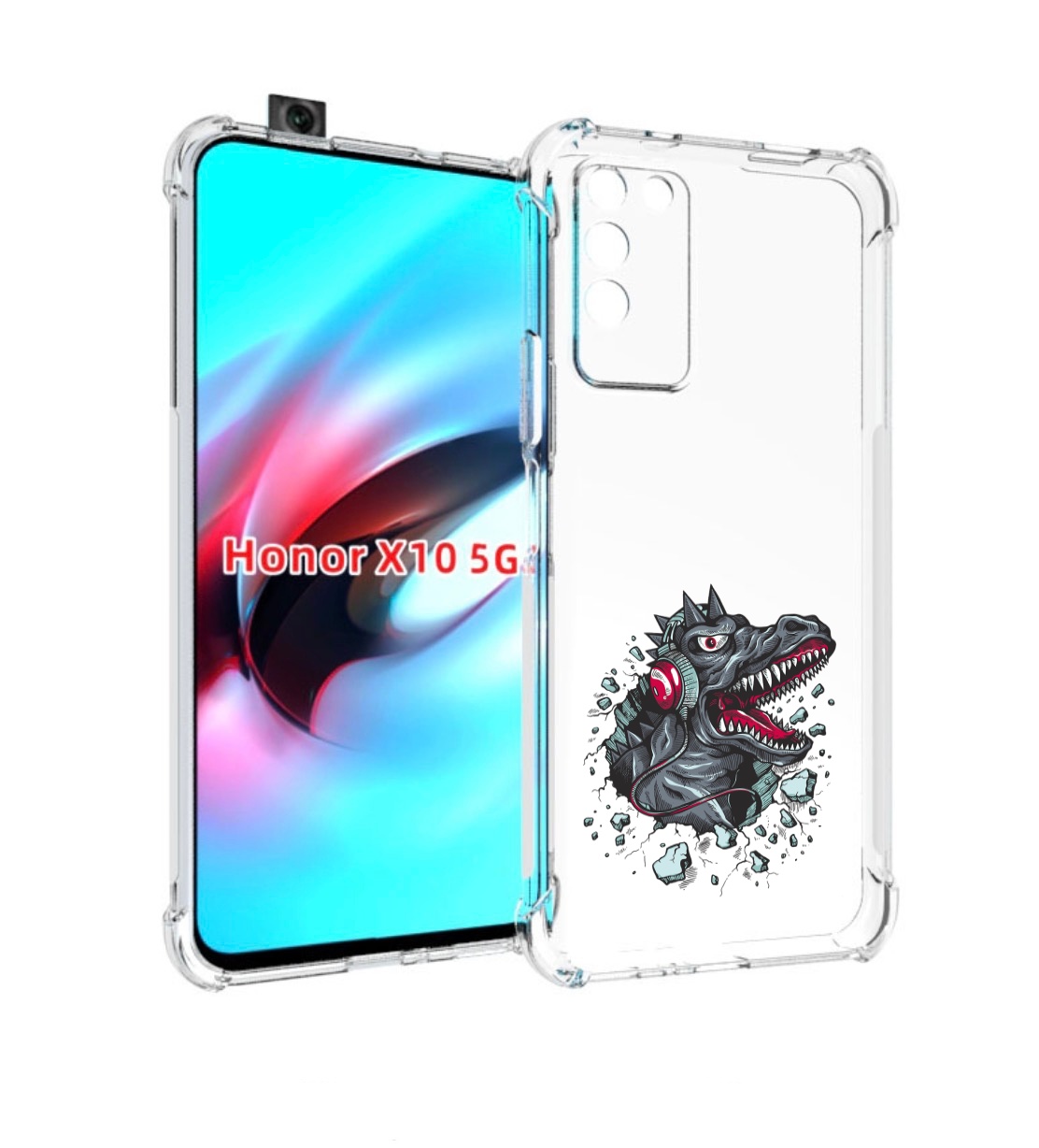 

Чехол MyPads Нарисованный динозавр в наушниках для Honor X10, Прозрачный, Tocco