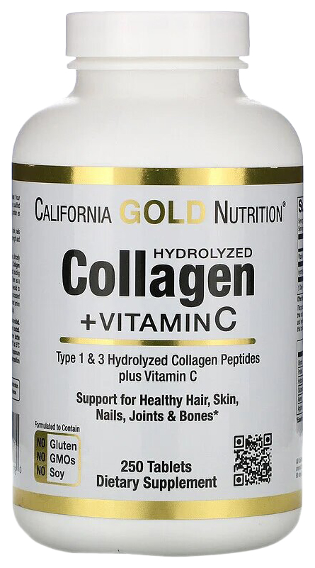 фото Hydrolyzed collagen peptides 1,3+vitamin c california gold nutrition 6000 мг табл. 250 шт.