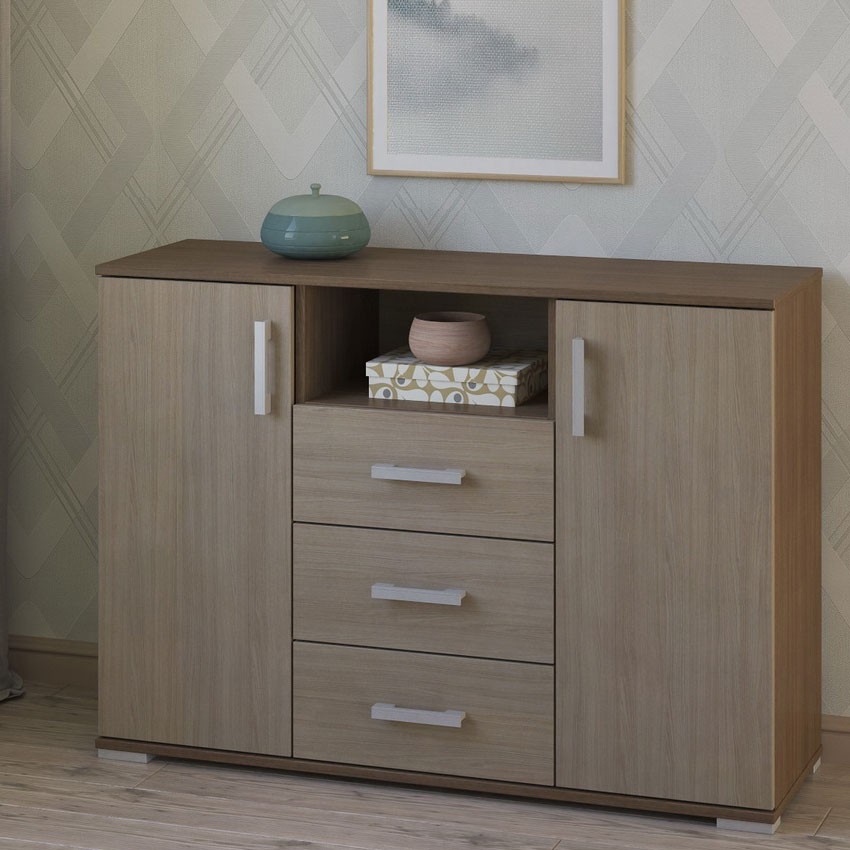 

Комод 3 ящ., 2 дв., ниша 115х37,4х82,4 см МагМебель Вента-54 ясень шимо тёмный/светлый, Низкий широкий комод с 3 ящиками, 2 дверцами и открытой нишей 115х37,4х82,4 см Вента-54