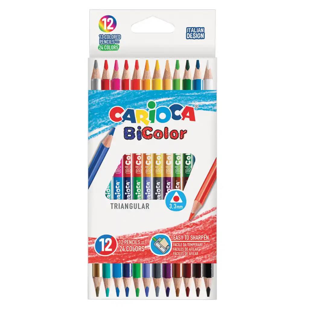 Карандаши двухсторонние CARIOCA Bi-color, 12 штук, 24 цвета, трехранные, заточенные 2 шт