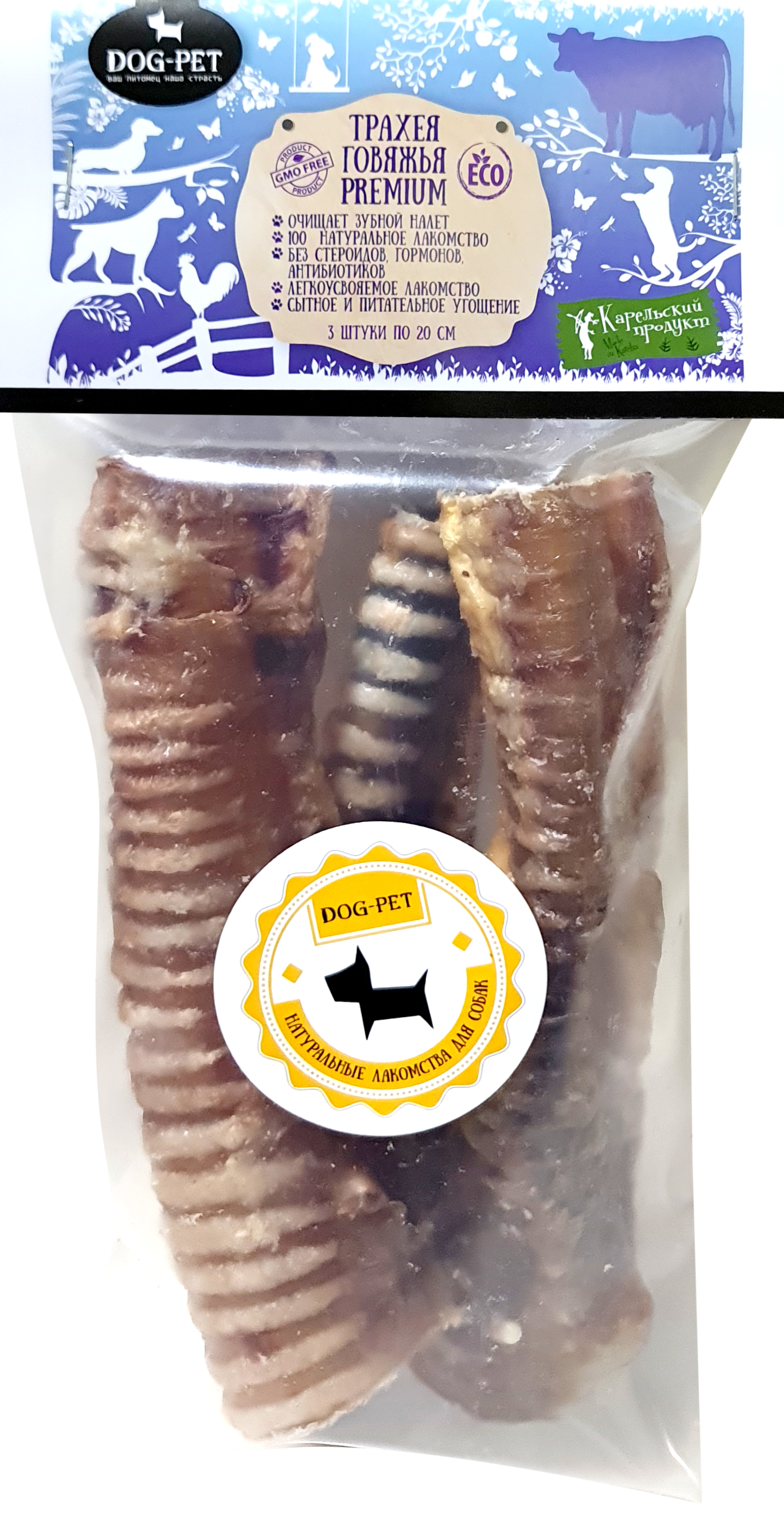 

Лакомства для собак Dog-Pet Трахея говяжья для всех пород собак 3 шт по 20 см, Трахея 20 см