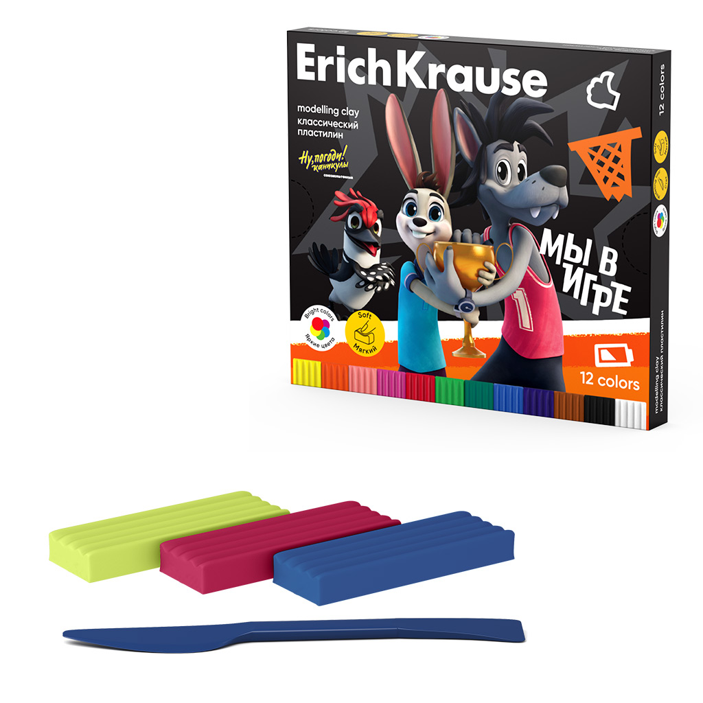

Пластилин классический ErichKrause Ну, Погоди! Каникулы 12 цветов со стеком, 180 г 62571, Разноцветный