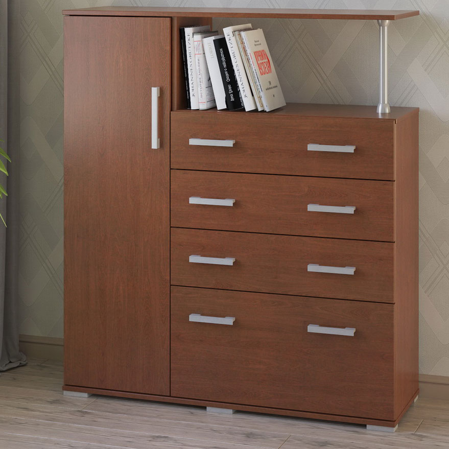 

Широкий комод с 4 ящиками дверцей и полочкой вверху МагМебель №9 вишня, Широкий комод с 4 ящиками дверцей и полочкой вверху №9