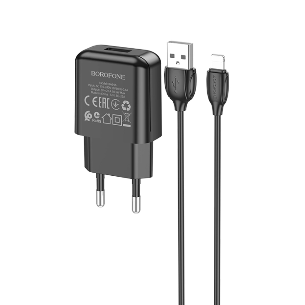 

Сетевое зарядное устройство Borofone BA64Ai lightning 1xUSB 2.1 А черный, BA64Ai
