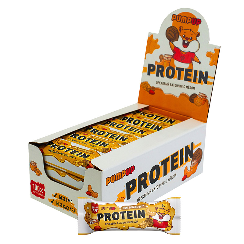 фото Протеиновый батончик без сахара pumpup protein 24х60 г, вкус: орехи и мед