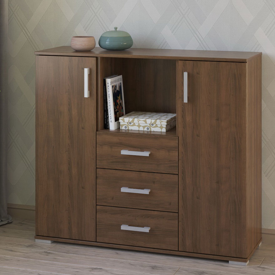 

Широкий двухдверный комод с 3 ящиками и открытой нишей МагМебель №65 орех, Широкий двухдверный комод с 3 ящиками и открытой нишей №65