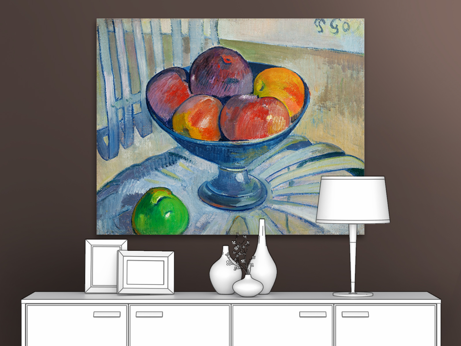фото Картина на холсте репродукция поля гогена "блюдо с фруктами на садовом стуле" 80х65 см первое ателье