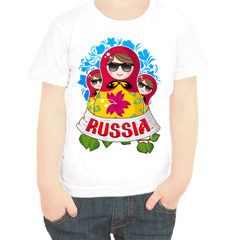 

Футболка мальчику белая 34 р-р с надписью Россия Russia с тремя матрешками, Белый, fdm_russia_matreshki