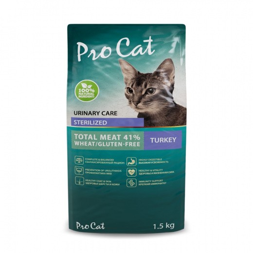 Сухой корм для кошек PRO CAT, для стерилизованных, профилактика МКБ, индейка, 1,5 кг