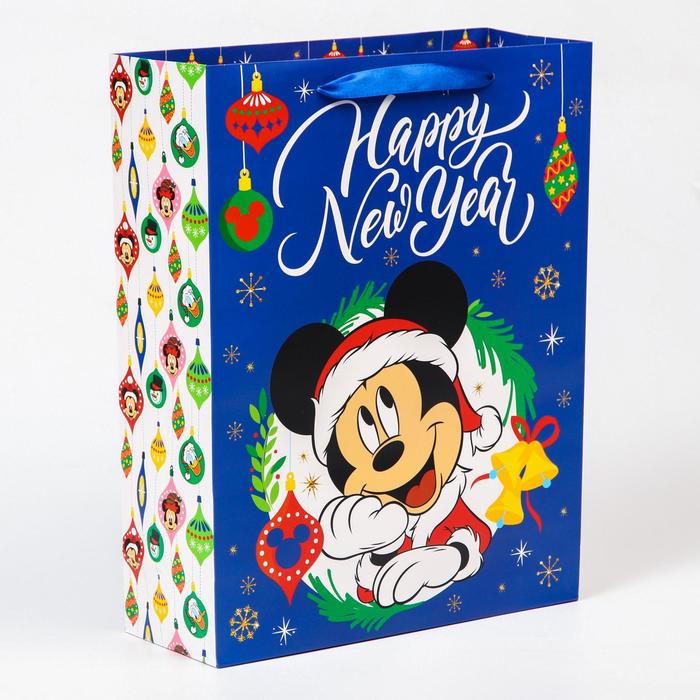 

Пакет подарочный вертикальный Happy New Year, Микки Маус, 31х40х11,5, Синий
