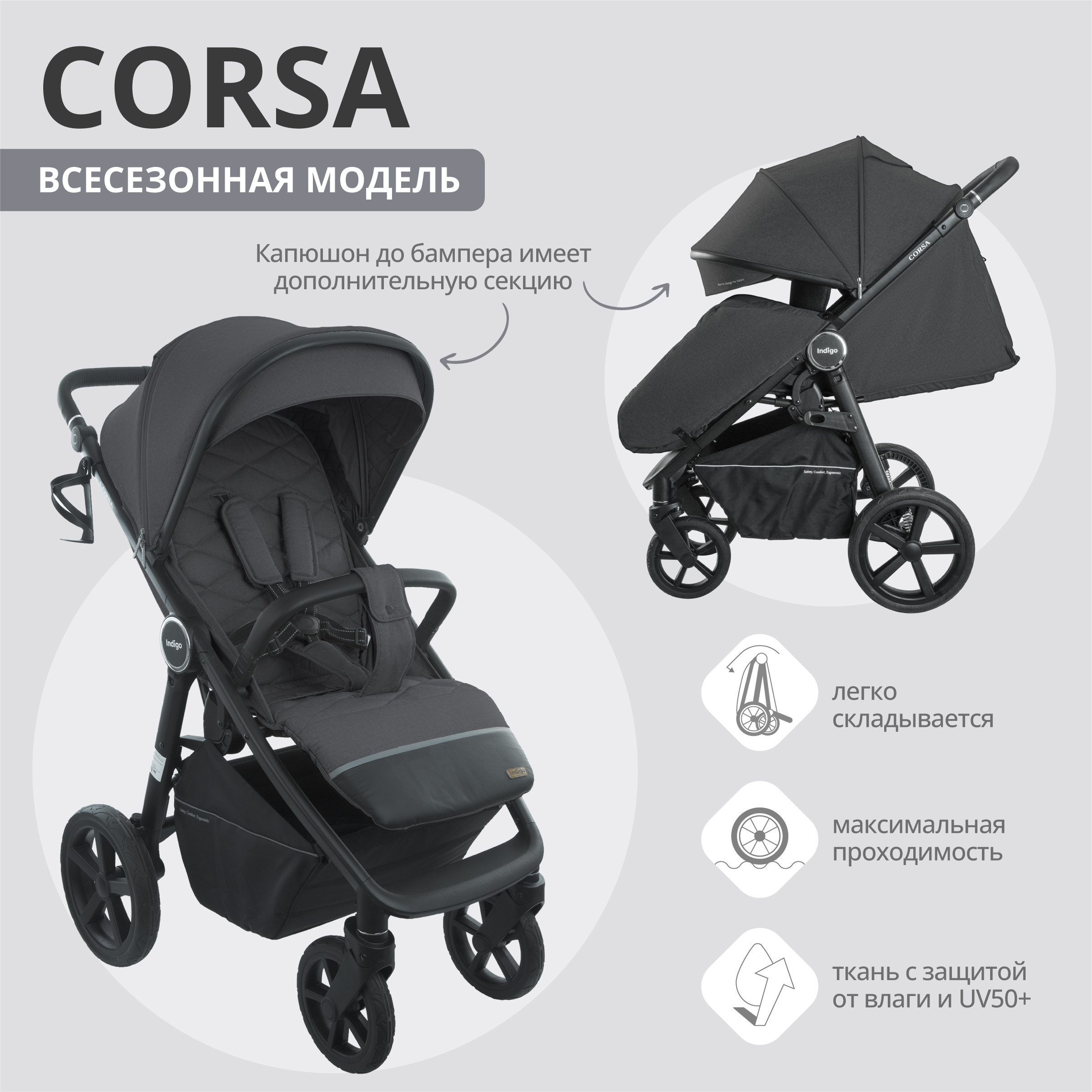 Прогулочная коляска Indigo Corsa, графит