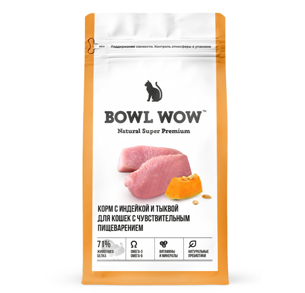 Сухой корм для кошек BOWL WOW при чувствительном пищеварении с индейкой и тыквой, 4 кг