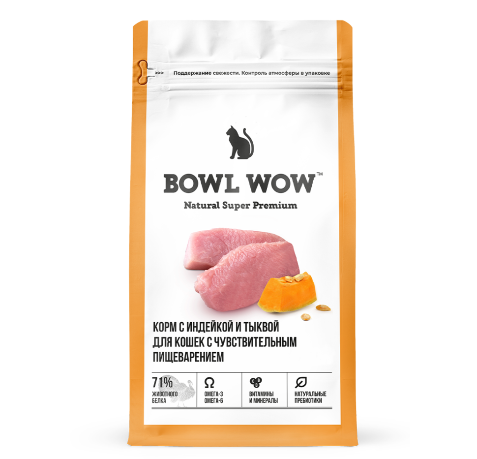 Сухой корм для кошек BOWL WOW при чувствительном пищеварении с индейкой и тыквой 4 кг 4209₽