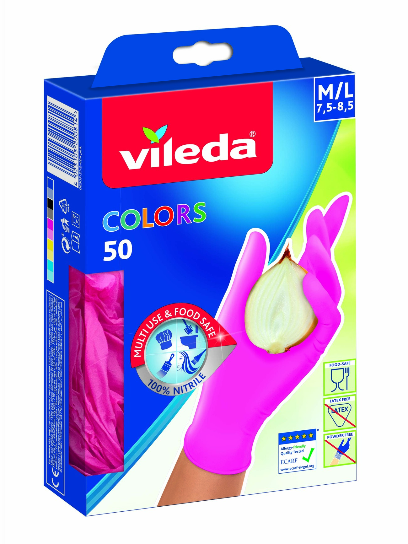 

Перчатки Vileda одноразовые нитриловые Колорс розовые 50шт, Розовый