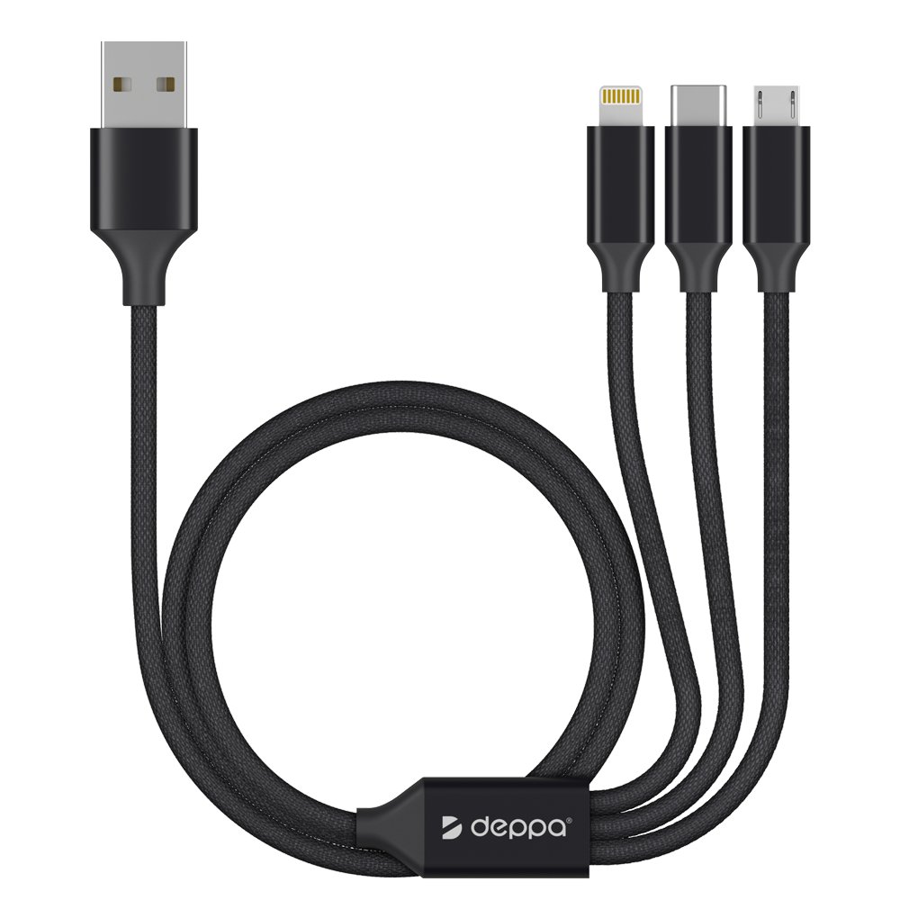 фото Кабель deppa 3 в 1: micro usb, usb-c, ligthning, 1.2м, черный/72299