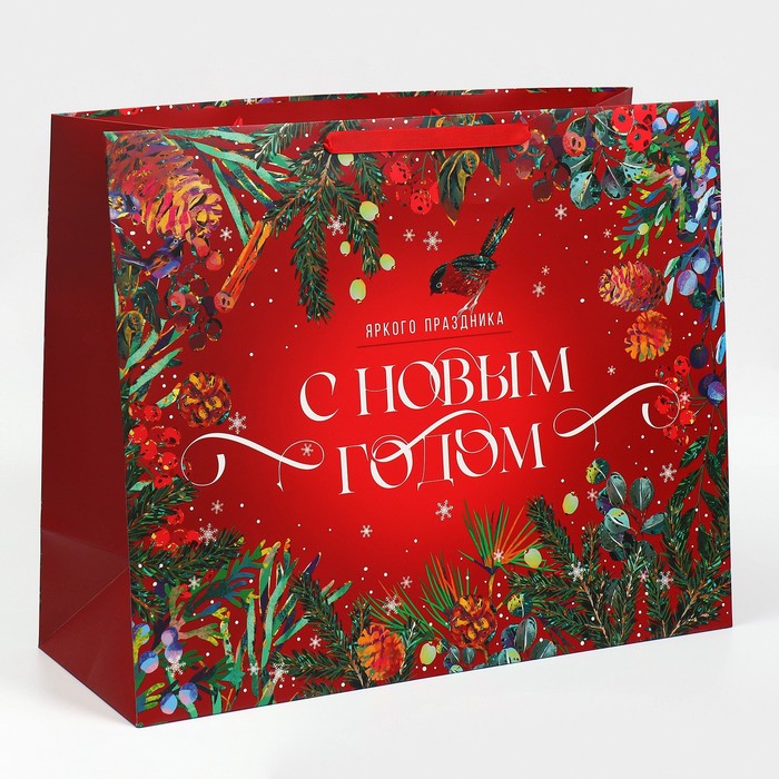 

Пакет подарочный Дарите Счастье горизонтальный Новогодняя сказка XL 49x40x19 см, Красный