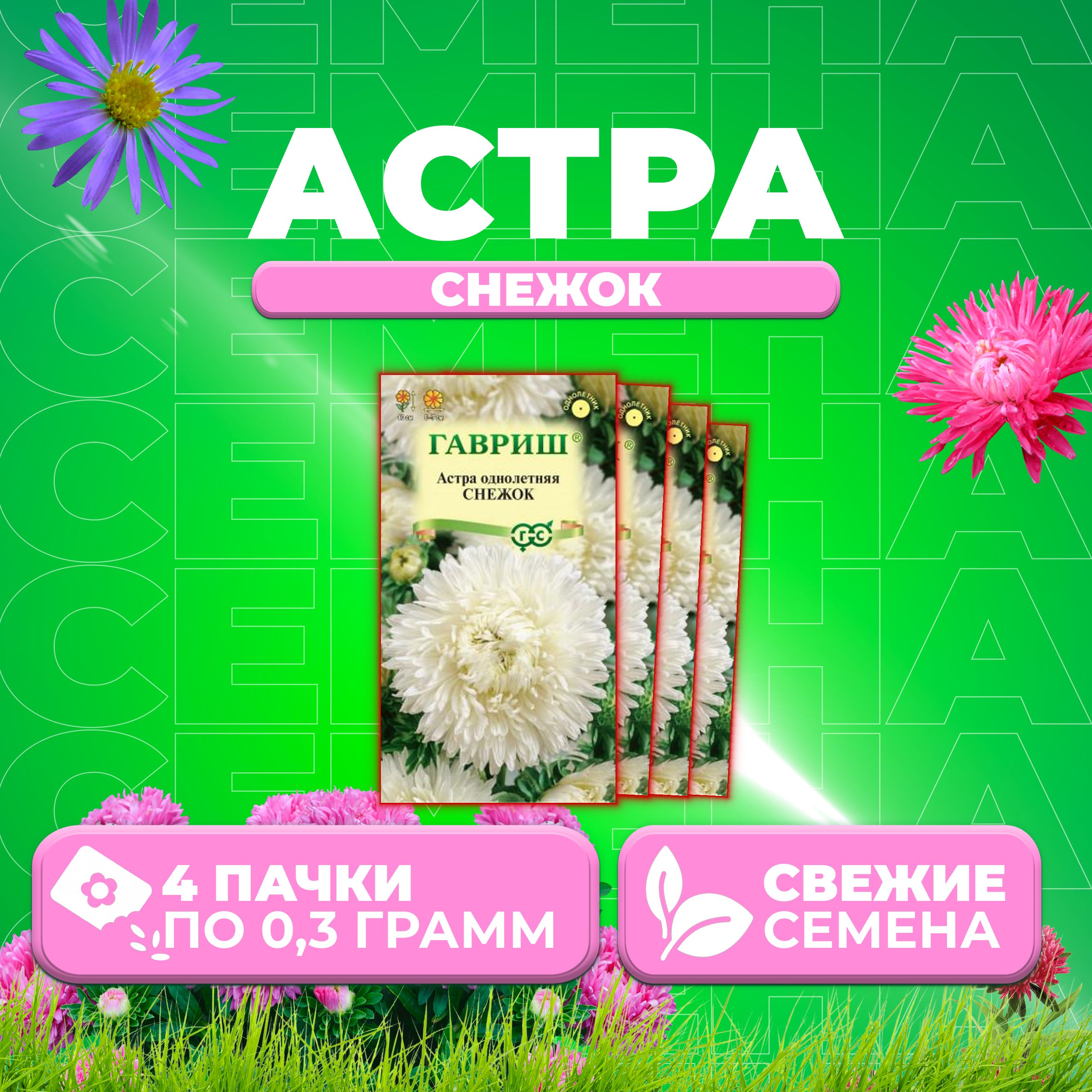 

Семена Астра Снежок, воронежская, 0,3г, Гавриш, Цветочная коллекция 4 уп