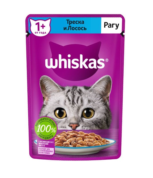 фото Влажный корм для кошек whiskas рагу с треской и лососем, 28шт, 75г