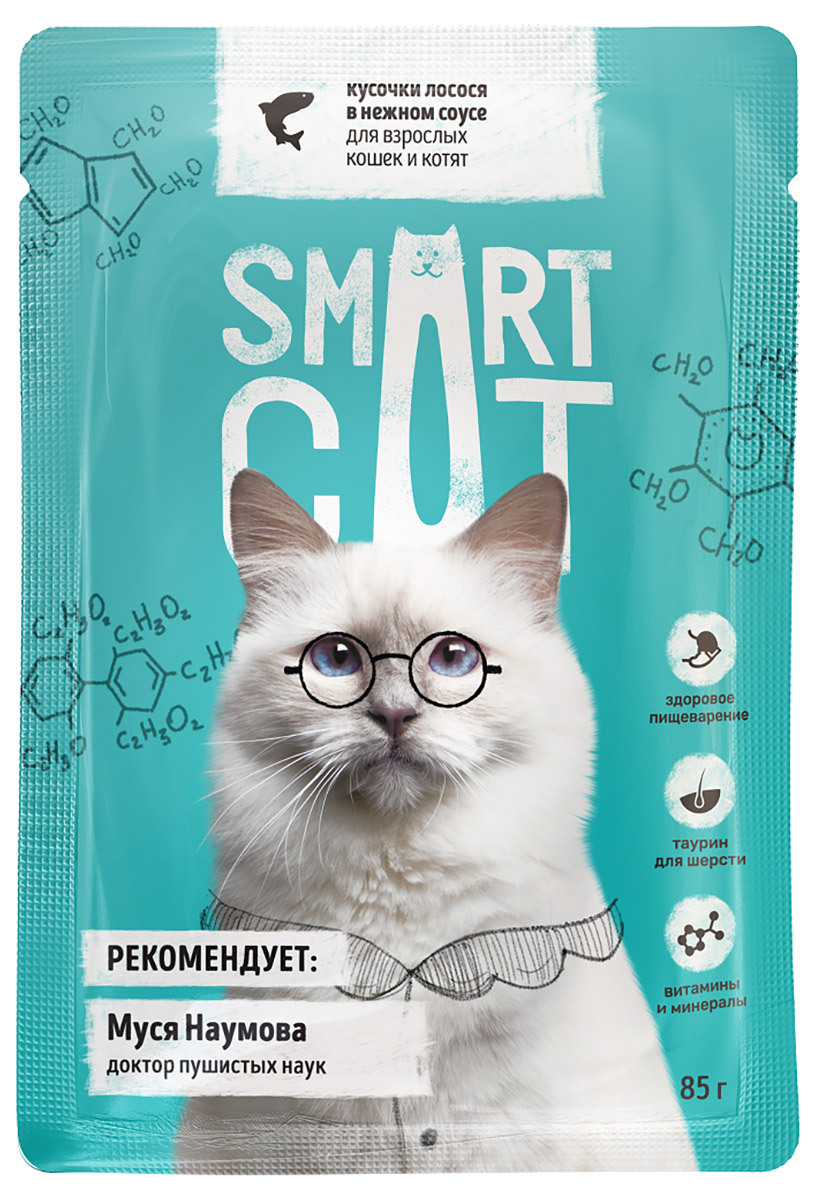 Влажный корм для кошек Smart CAT с кусочками лосося в соусе, 25шт по 85г