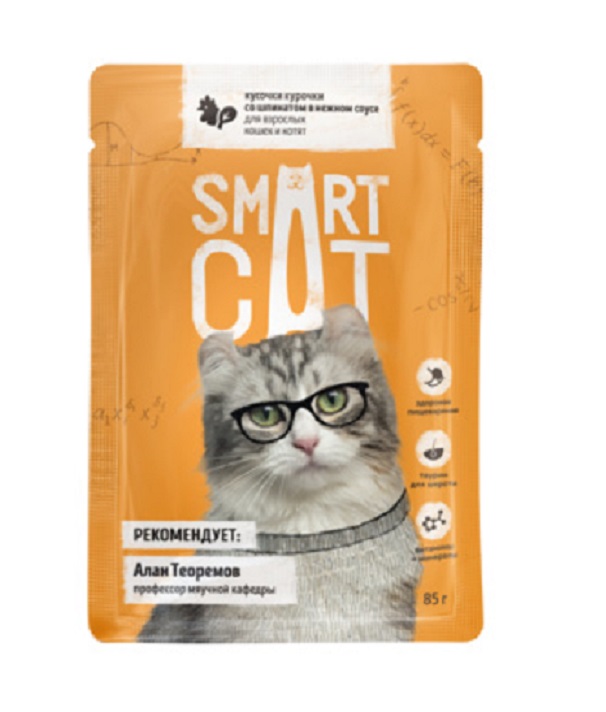 фото Влажный корм для кошек smart cat с кусочками курицы и шпинатом в соусе, 25шт, 85г