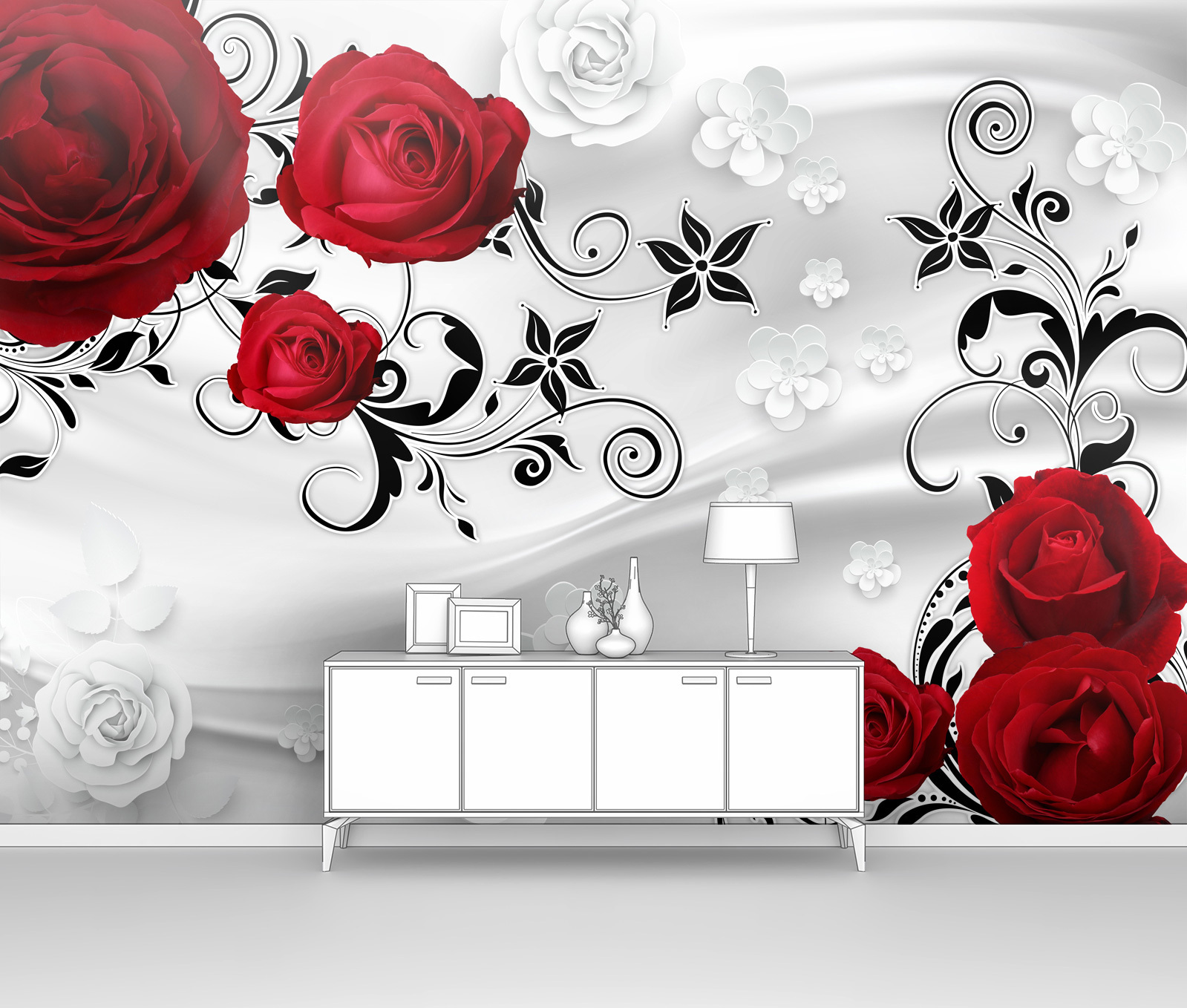 фото Фотообои флизелиновые первое ателье "красные розы с черным узором" 200х140 см (шхв)